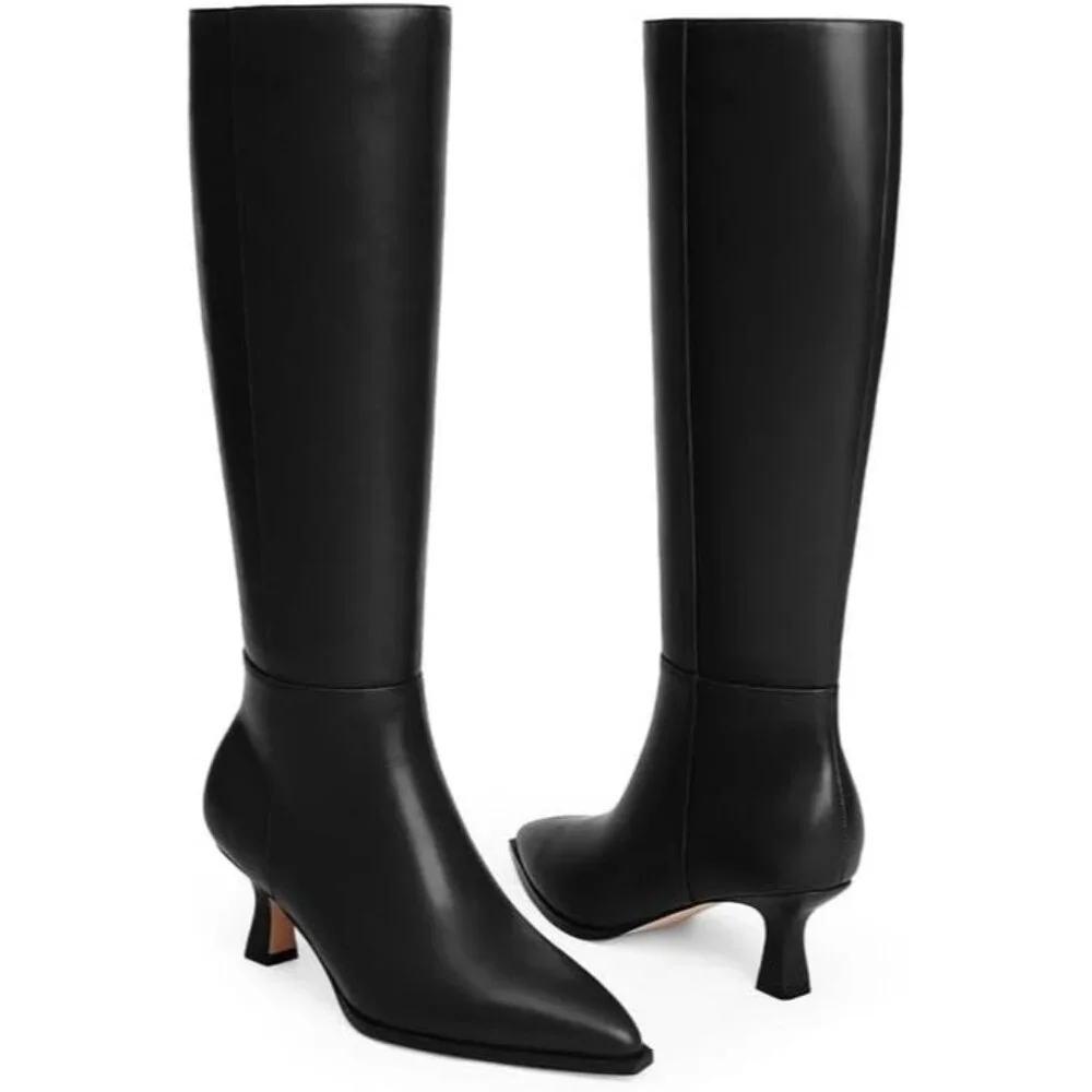 Women's Black Pu Kitten Low Heel Toe Side Zipper Long Tall Knee High Boots